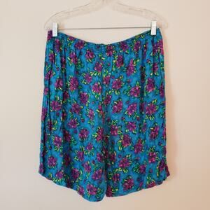 Vintage Rayon Culotte Shorts Blue & Purple Floral Elastic Waist Size 32